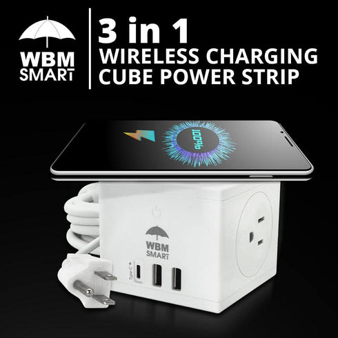 3-in-1 Wireless Charging Cube Power Strip | WBM SMART